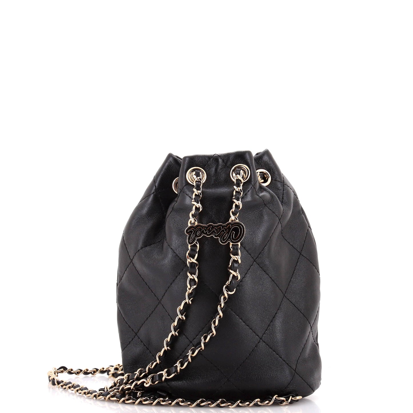 Logo Script Drawstring Chain Backpack Quilted Shiny Lambskin Small