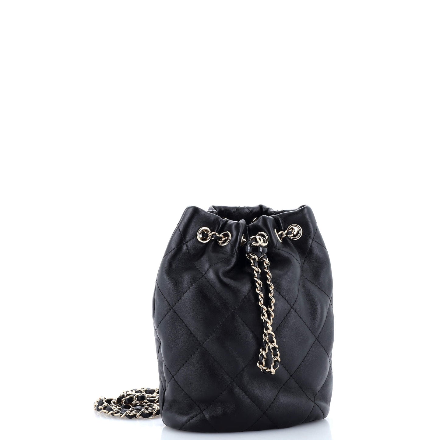 Logo Script Drawstring Chain Backpack Quilted Shiny Lambskin Small