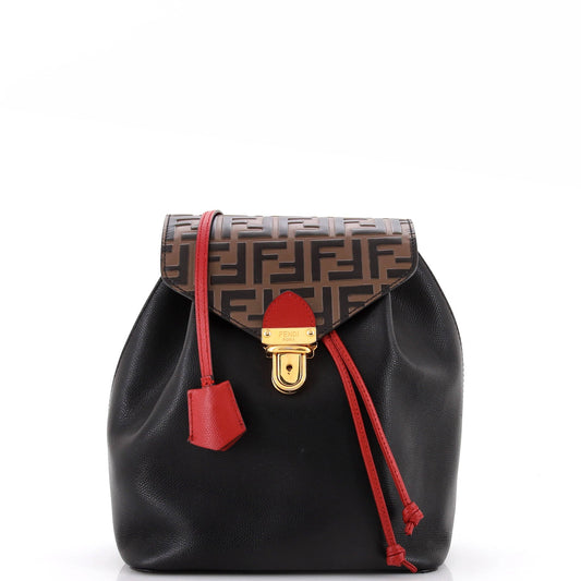 Drawstring Flap Backpack Leather with Zucca Embossed Detail Small