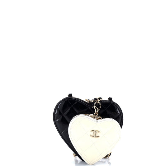 Double Heart Clutch with Chain Quilted Patent