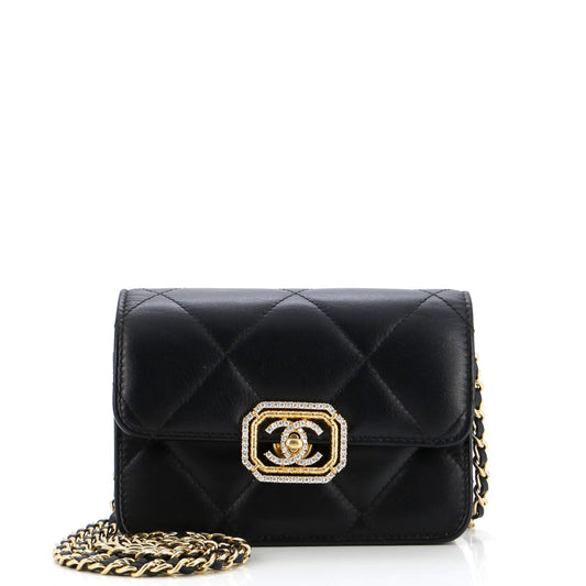 Crystal Geometric Frame CC Clutch with Chain Quilted Calfskin