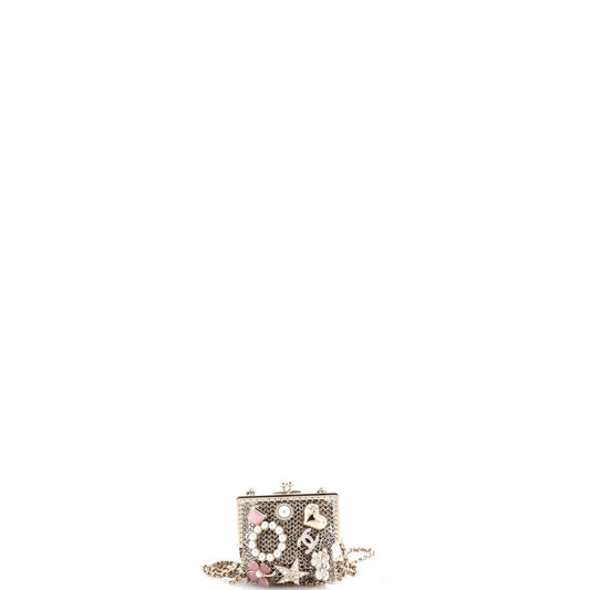 CC Charm Kisslock Frame Clutch with Chain Embellished Metal Mesh Mini