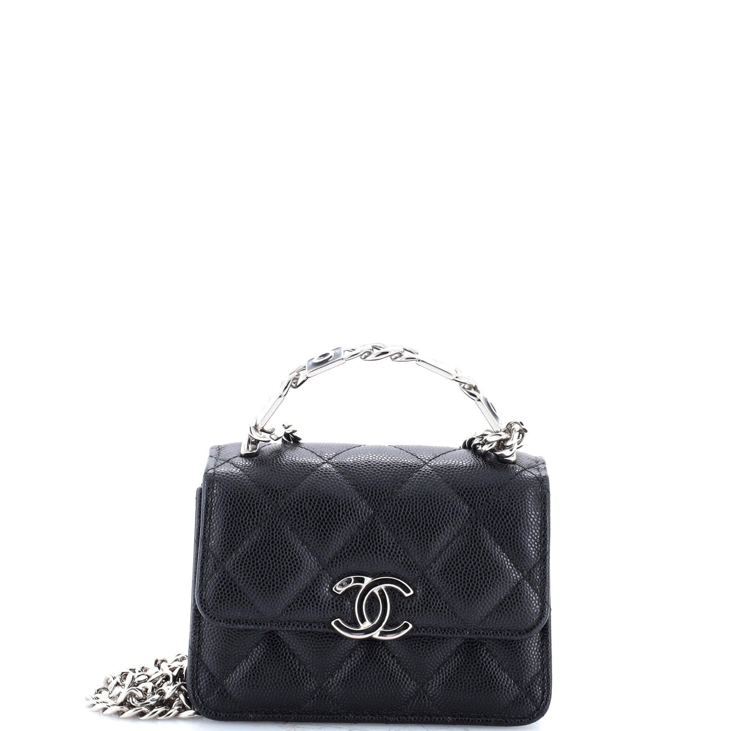 Coco Enamel Top Handle Flap Clutch with Chain Quilted Caviar