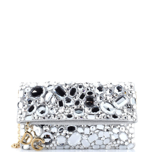 Fold Over Chain Clutch Crystal Embellished Satin Medium