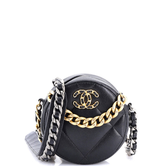 19 Round Clutch with Chain Quilted Leather