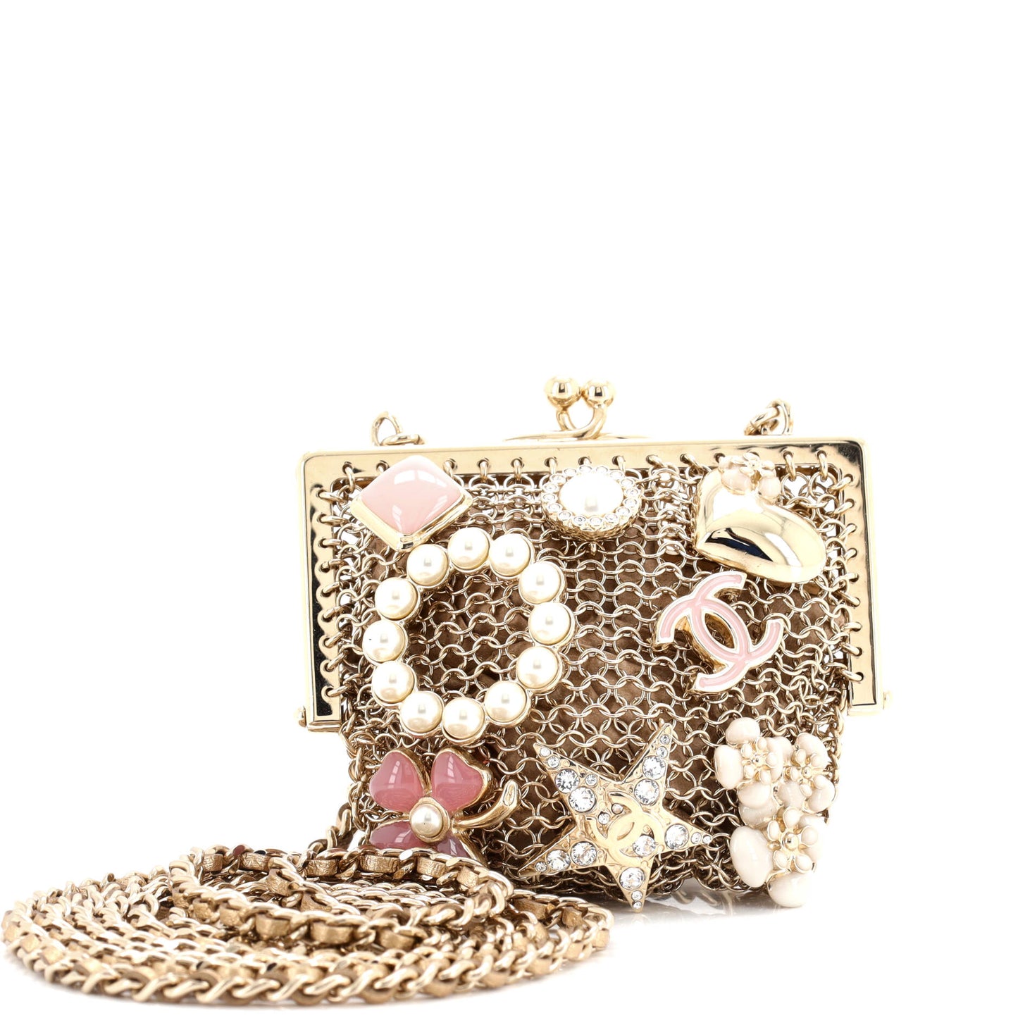 CC Charm Kisslock Frame Clutch with Chain Embellished Metal Mesh Mini