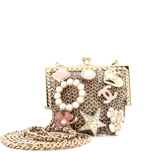 CC Charm Kisslock Frame Clutch with Chain Embellished Metal Mesh Mini