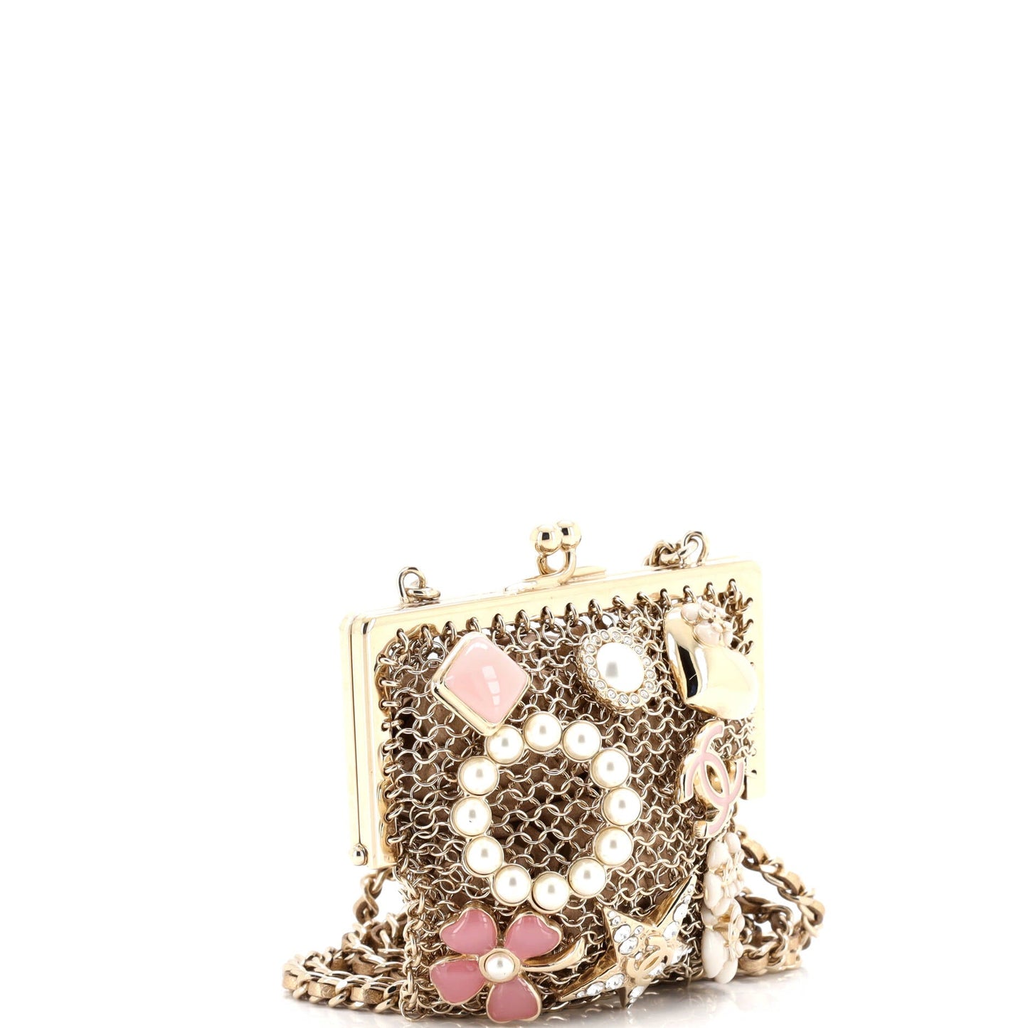 CC Charm Kisslock Frame Clutch with Chain Embellished Metal Mesh Mini