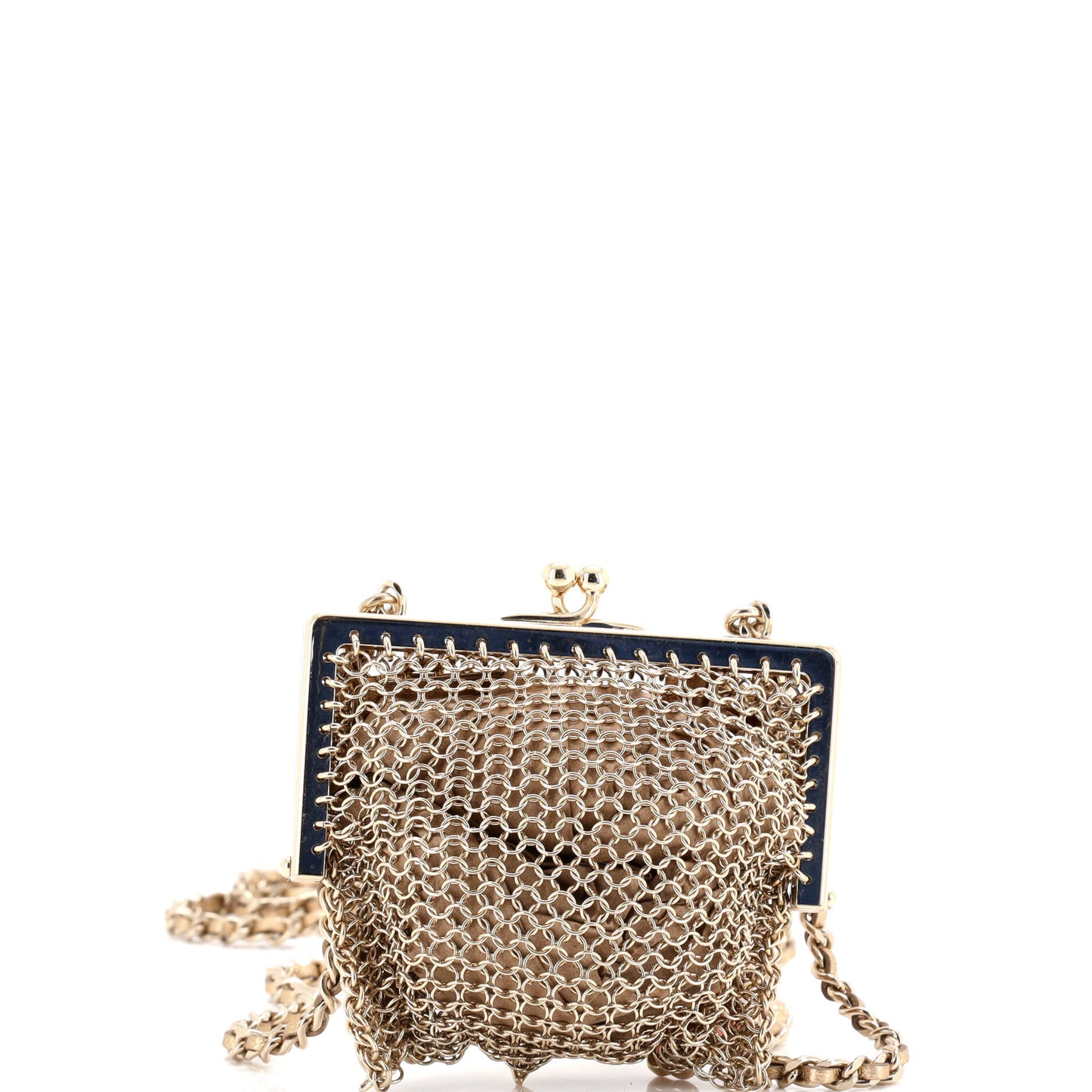 CC Charm Kisslock Frame Clutch with Chain Embellished Metal Mesh Mini