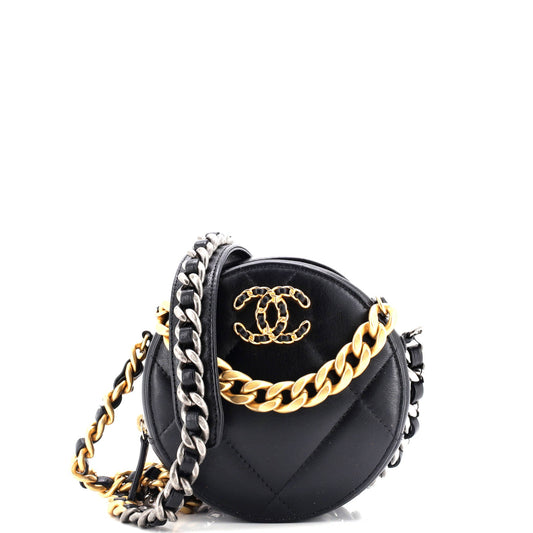 19 Round Clutch with Chain Quilted Leather