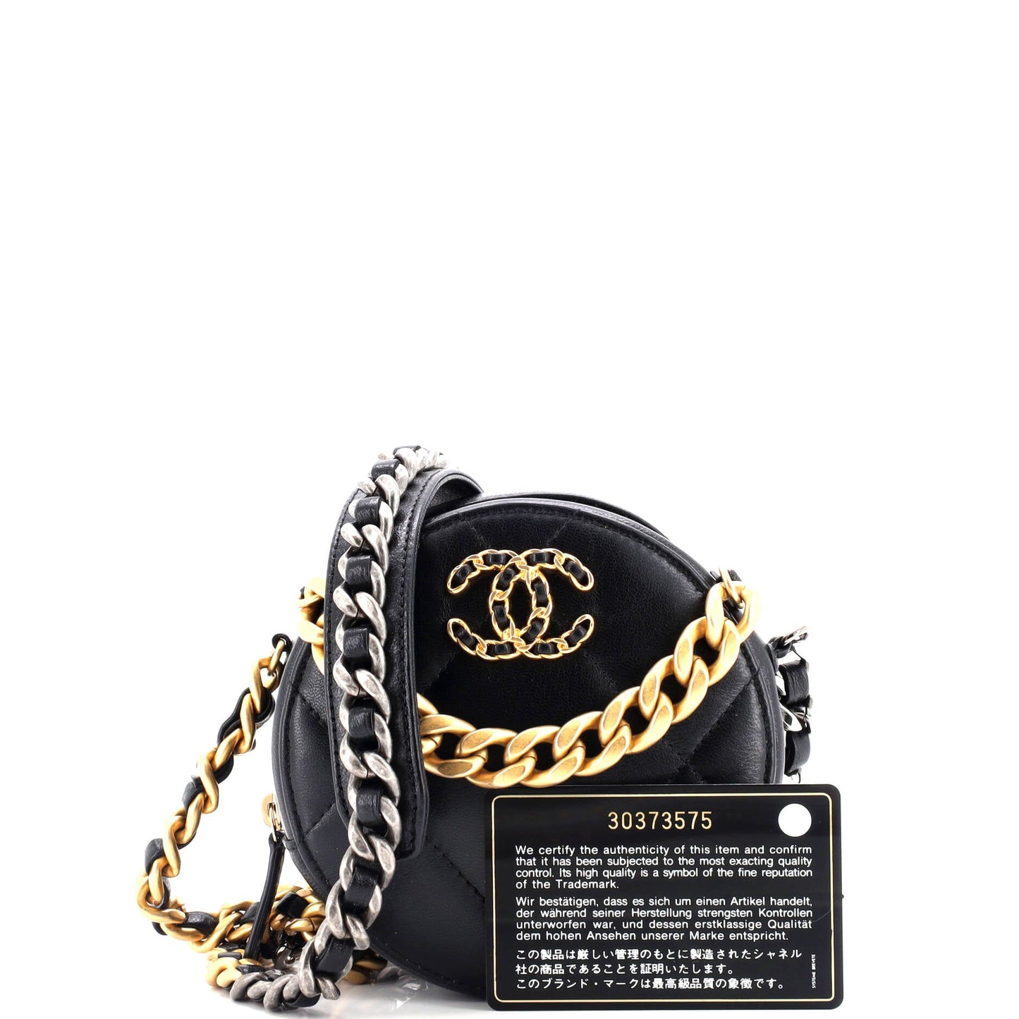 19 Round Clutch with Chain Quilted Leather