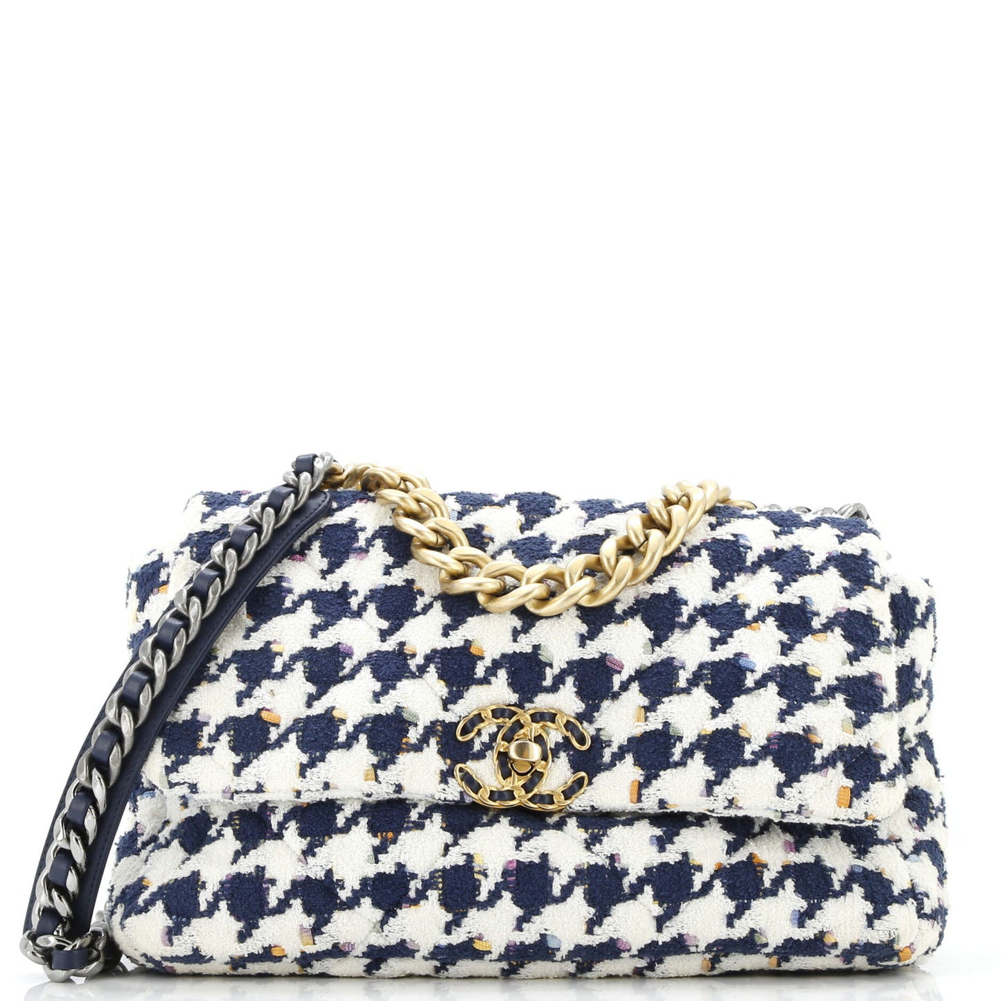 19 Flap Bag Quilted Houndstooth Tweed and Ribbon Large