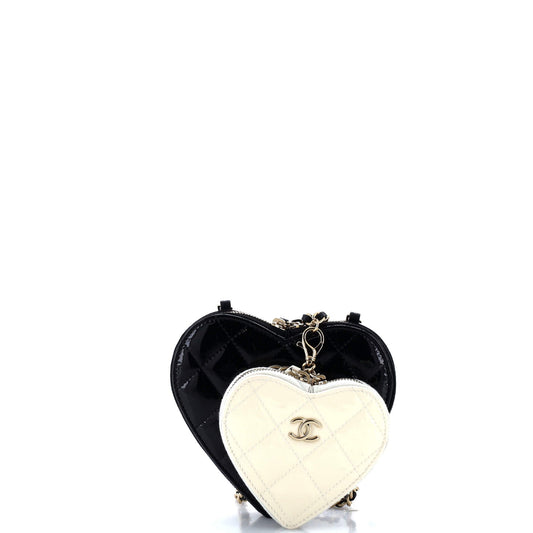Double Heart Clutch with Chain Quilted Patent