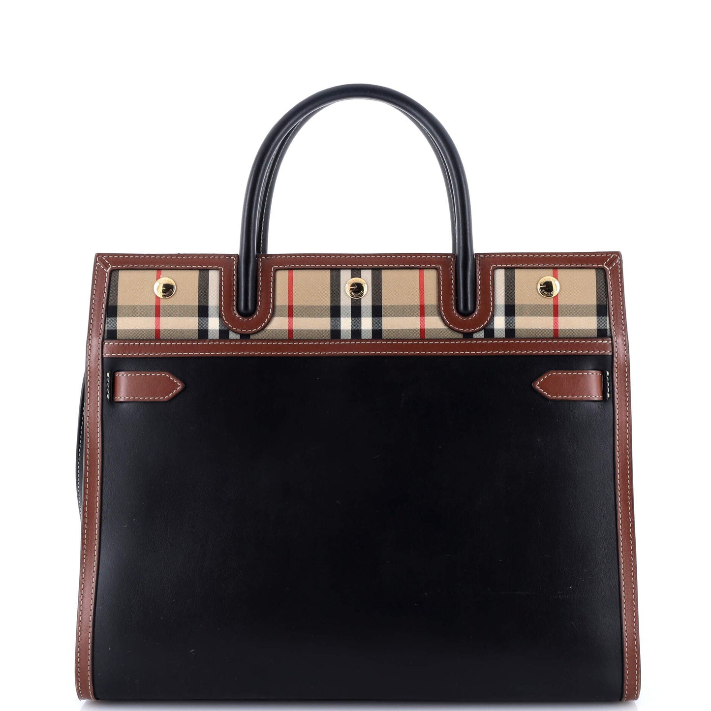 Title Two Handle Tote Leather with Vintage Check Canvas Medium