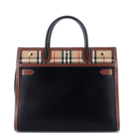 Title Two Handle Tote Leather with Vintage Check Canvas Medium