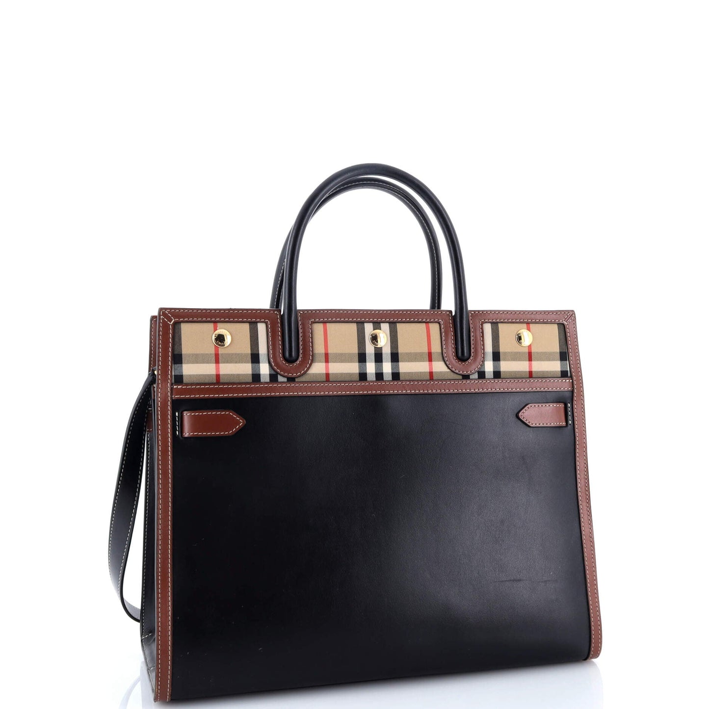 Title Two Handle Tote Leather with Vintage Check Canvas Medium