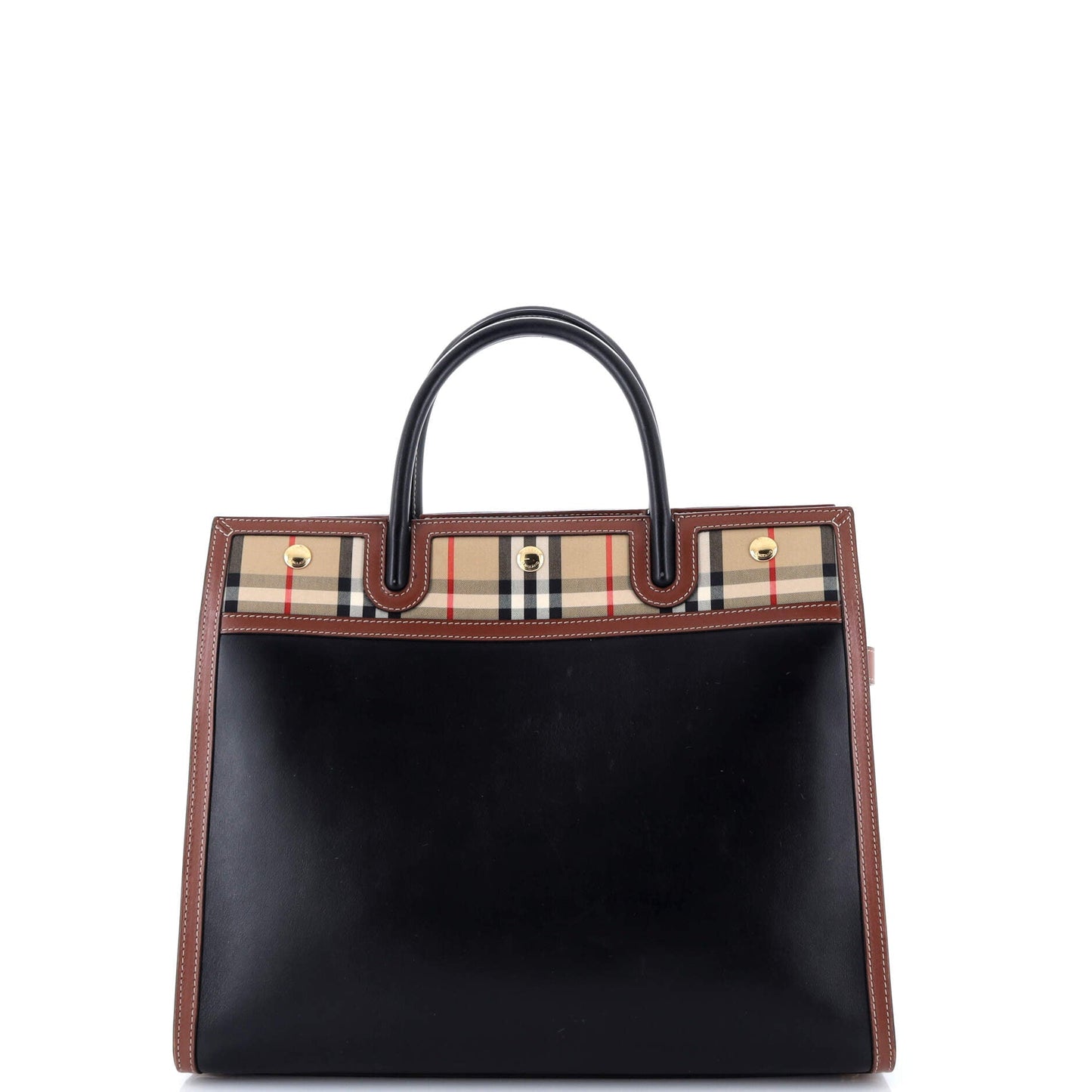 Title Two Handle Tote Leather with Vintage Check Canvas Medium