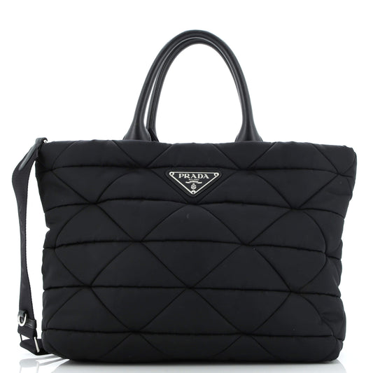 Padded Tote Bag Quilted Re-Nylon with Leather Medium