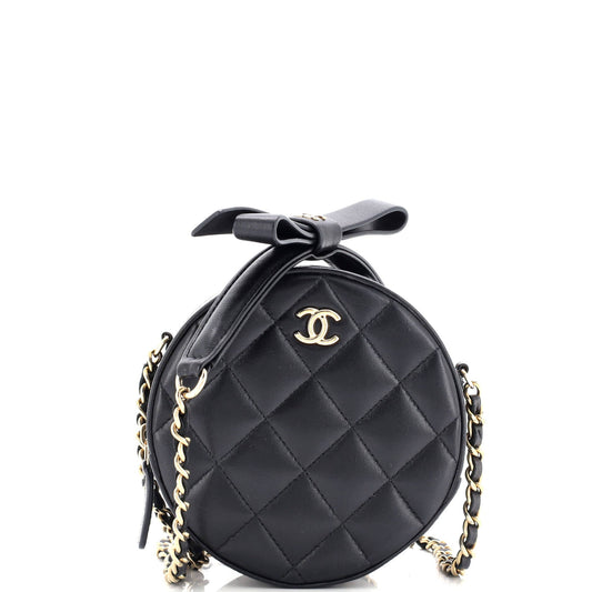 Bow Strap Round Clutch with Chain Quilted Lambskin
