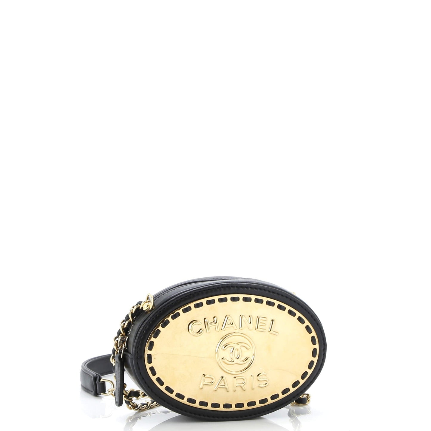 Logo Plate Oval Clutch With Chain Metal and Lambskin