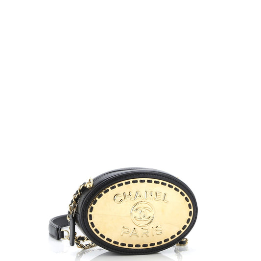 Logo Plate Oval Clutch With Chain Metal and Lambskin