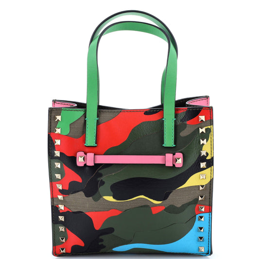 Rockstud Open Tote Camo Leather and Canvas Small