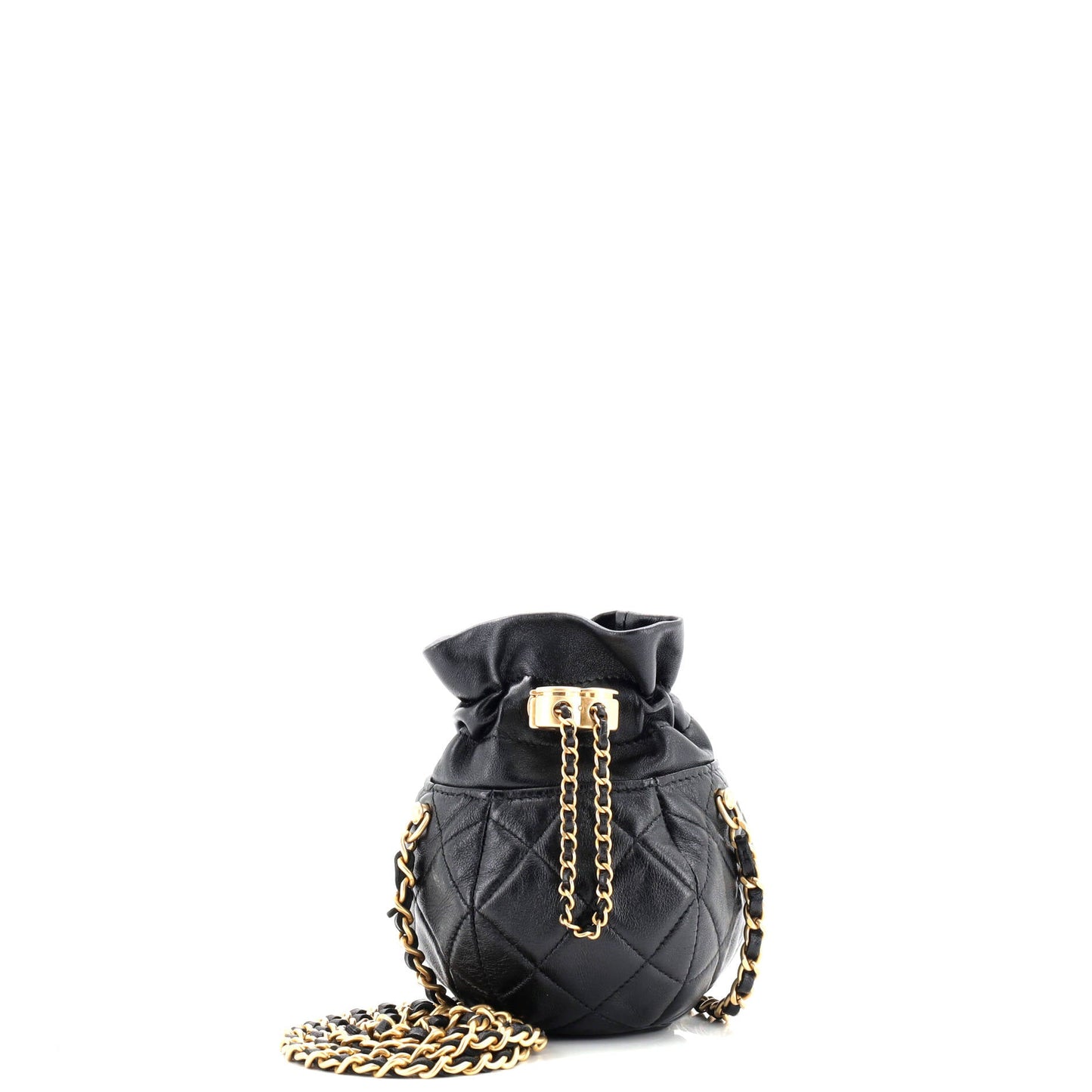 Drawstring CC Round Bucket Clutch with Chain Quilted Lambskin Mini