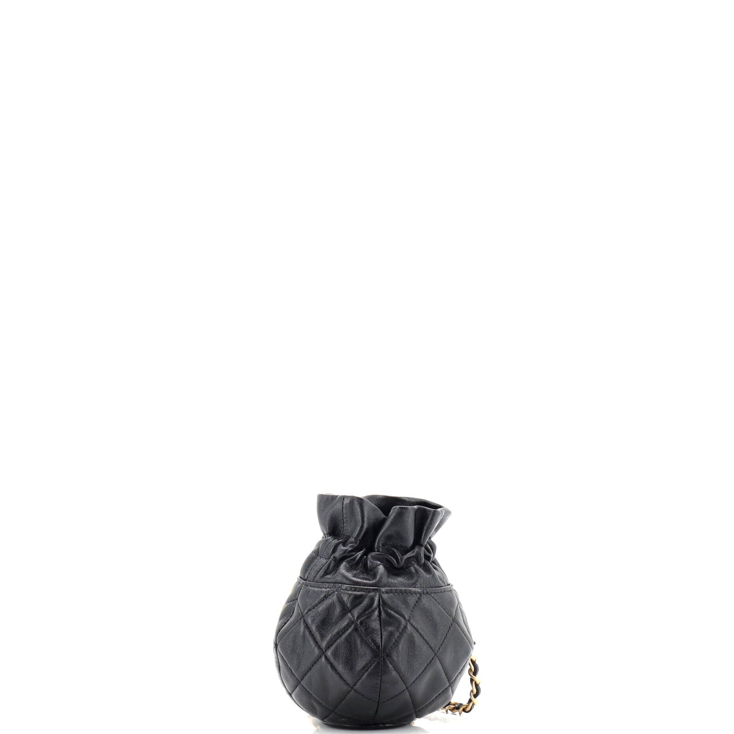 Drawstring CC Round Bucket Clutch with Chain Quilted Lambskin Mini