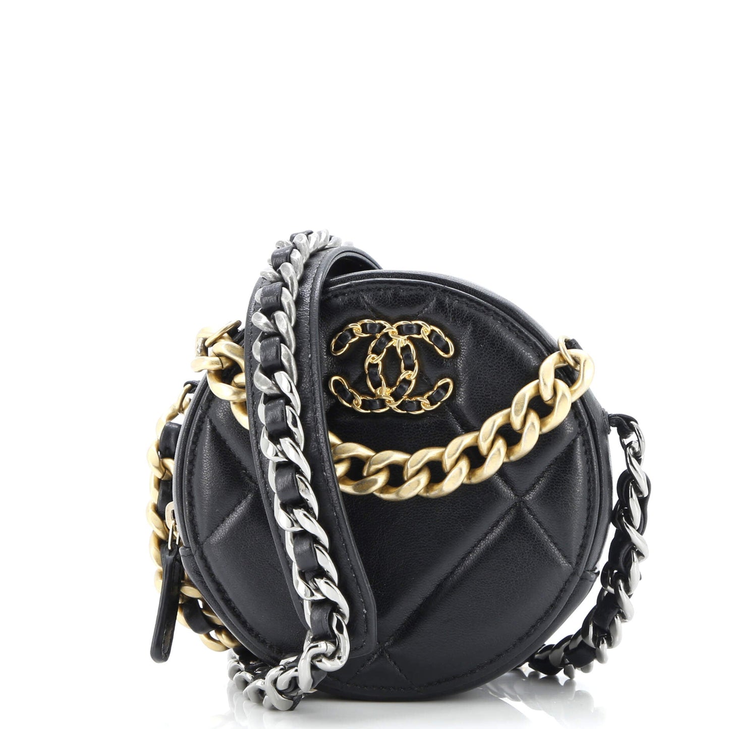 19 Round Clutch with Chain Quilted Leather