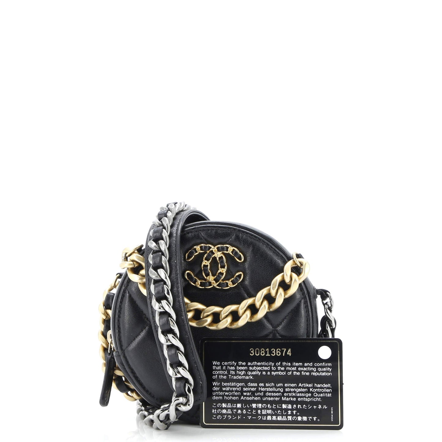 19 Round Clutch with Chain Quilted Leather