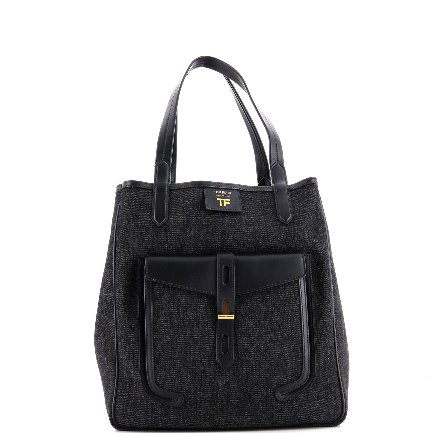 T Twist Tote Denim with Leather Large
