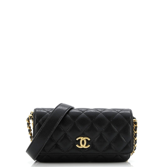 Twist Your Buttons Flap Clutch with Chain Quilted Caviar