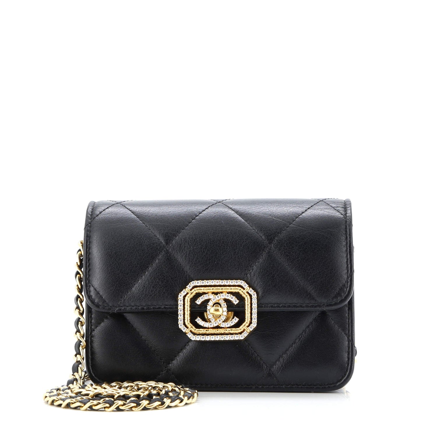 Crystal Geometric Frame CC Clutch with Chain Quilted Calfskin