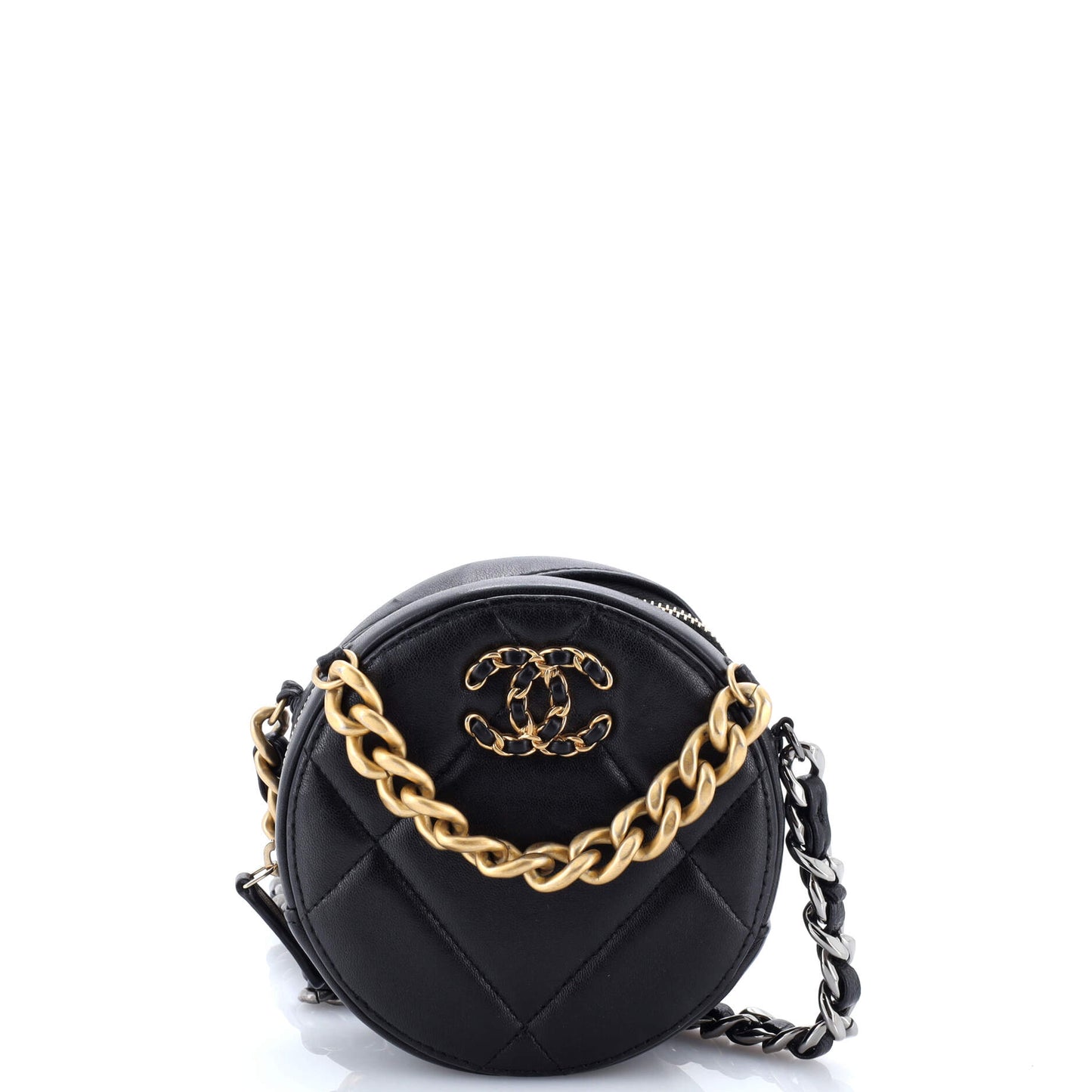 19 Round Clutch with Chain Quilted Leather