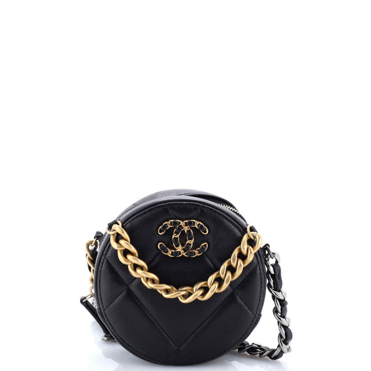 19 Round Clutch with Chain Quilted Leather