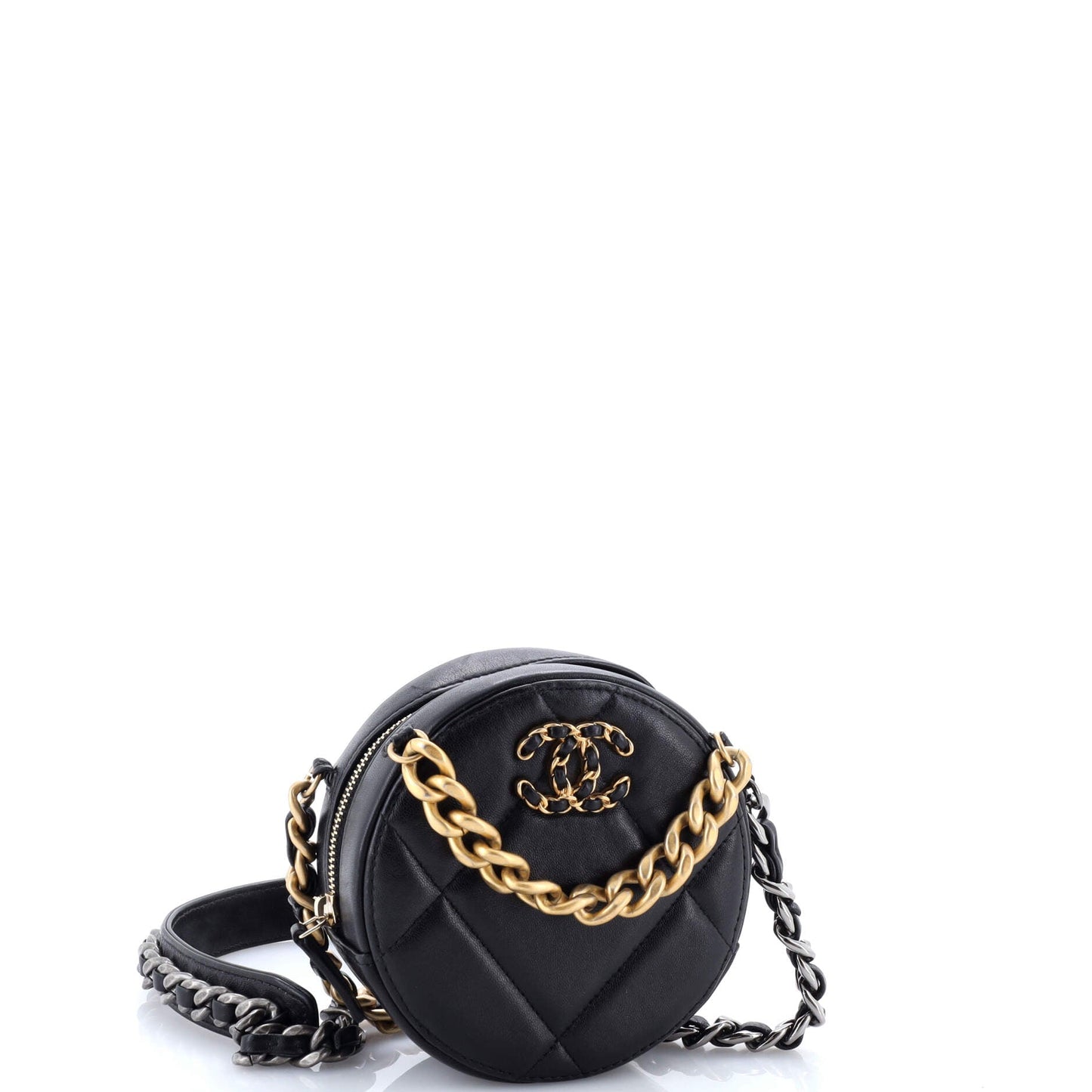 19 Round Clutch with Chain Quilted Leather