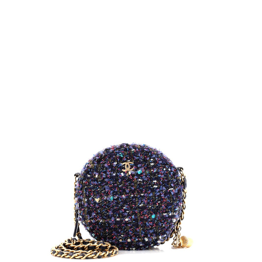 Charm Round Clutch with Chain Quilted Tweed
