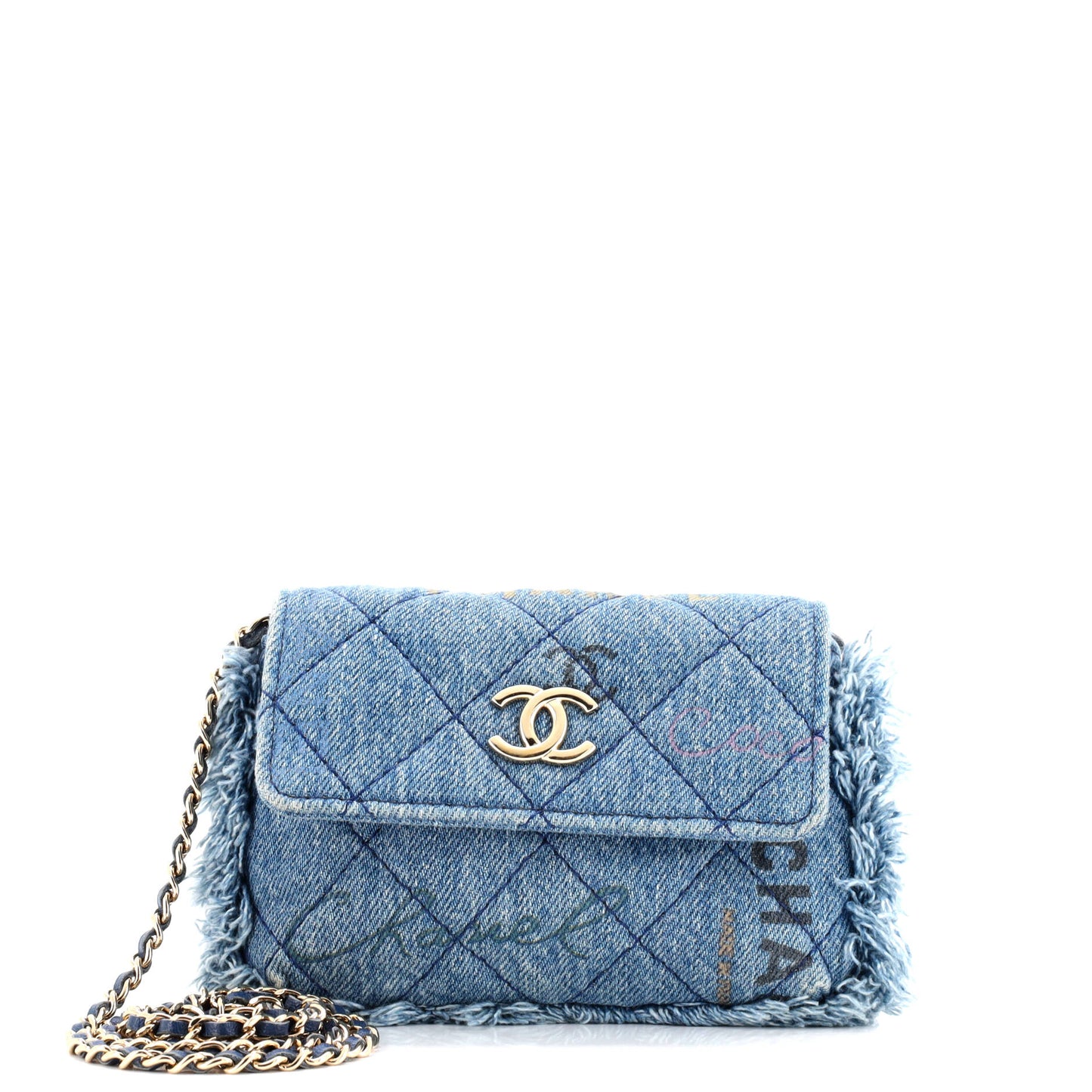 Denim Mood Flap Clutch with Chain Logo Printed Quilted Fringe Denim