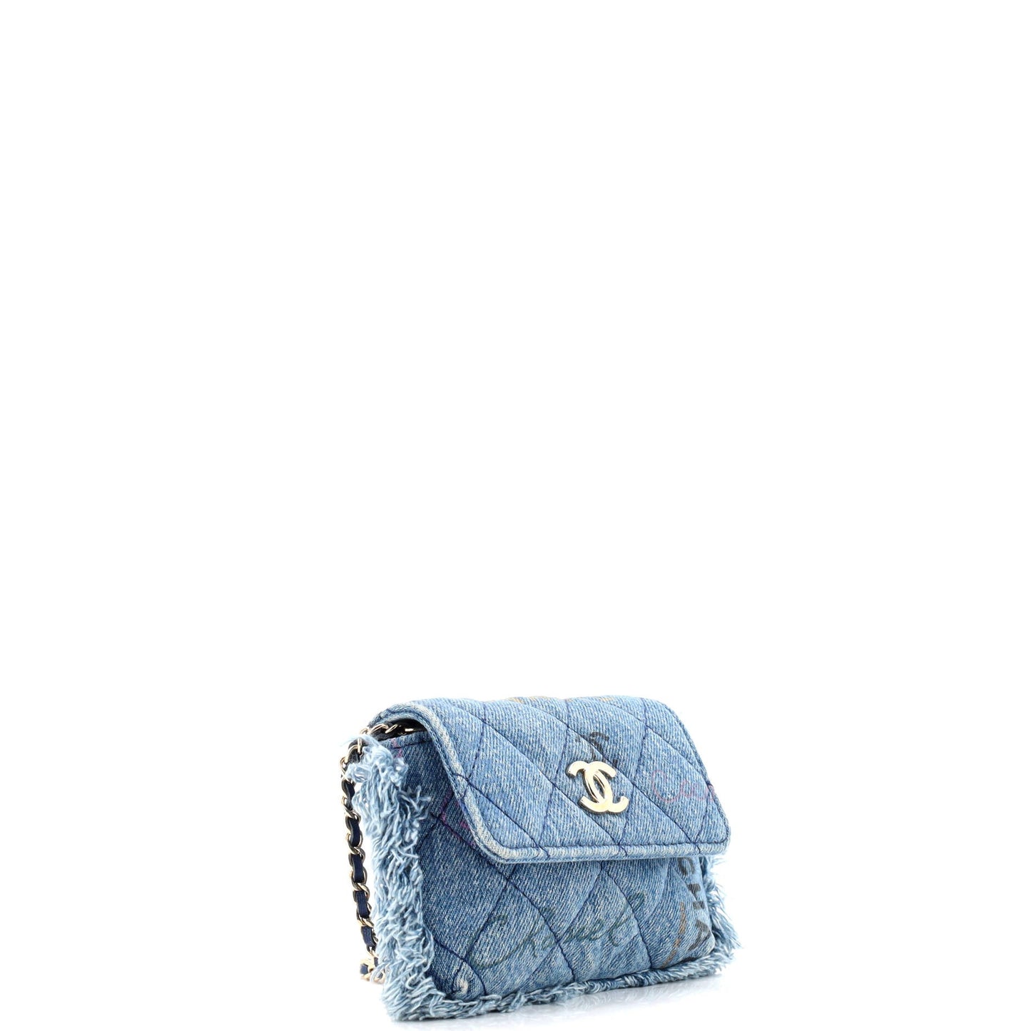 Denim Mood Flap Clutch with Chain Logo Printed Quilted Fringe Denim