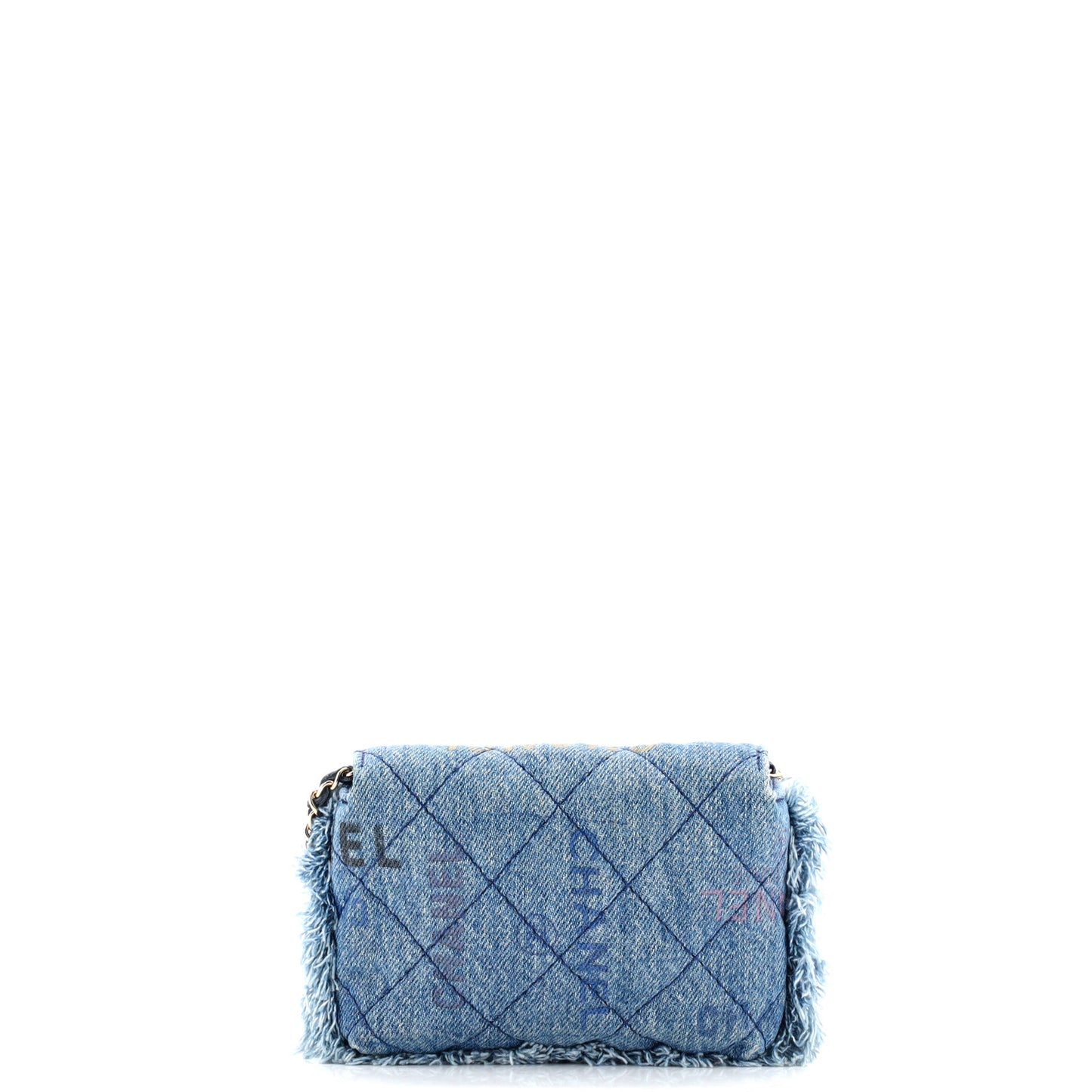 Denim Mood Flap Clutch with Chain Logo Printed Quilted Fringe Denim