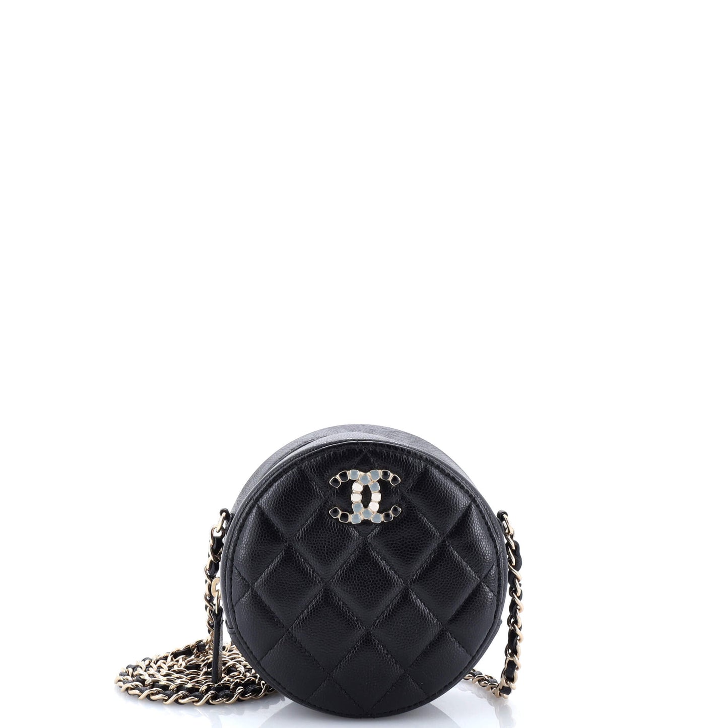 Round Clutch with Chain Quilted Caviar with Lacquered Metal