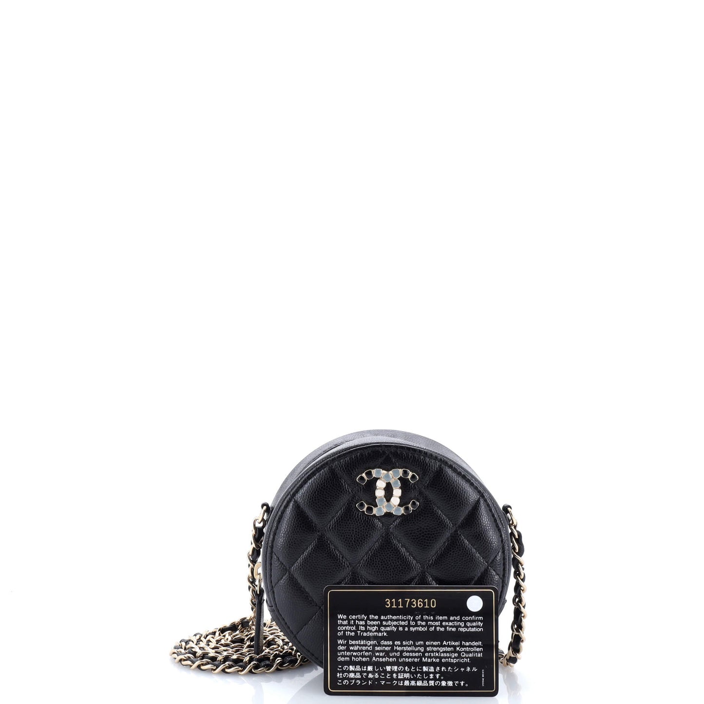 Round Clutch with Chain Quilted Caviar with Lacquered Metal