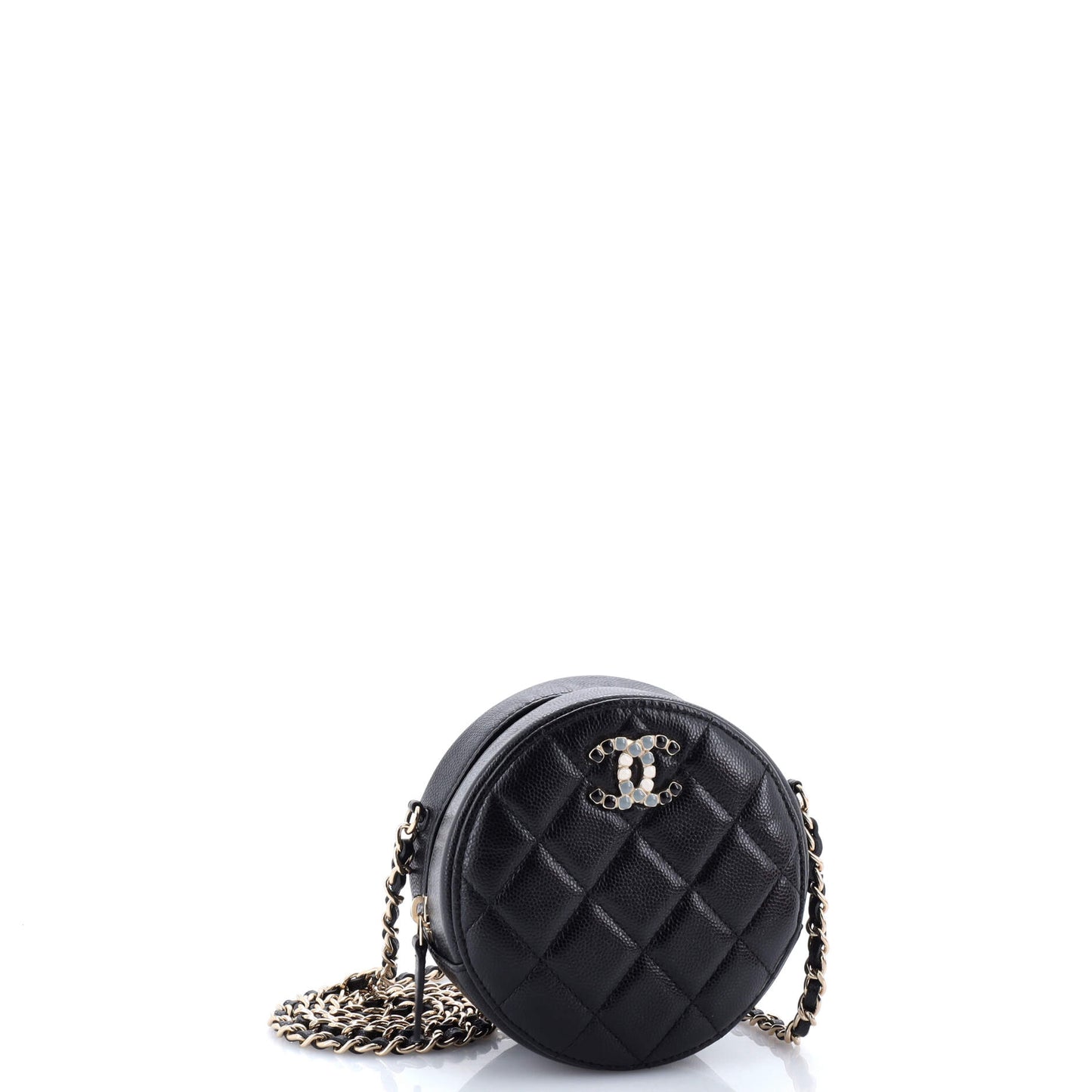 Round Clutch with Chain Quilted Caviar with Lacquered Metal