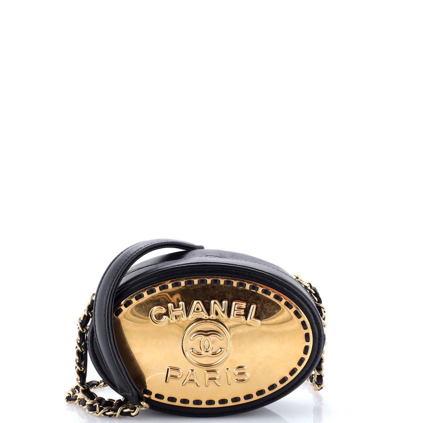 Logo Plate Oval Clutch With Chain Metal and Lambskin