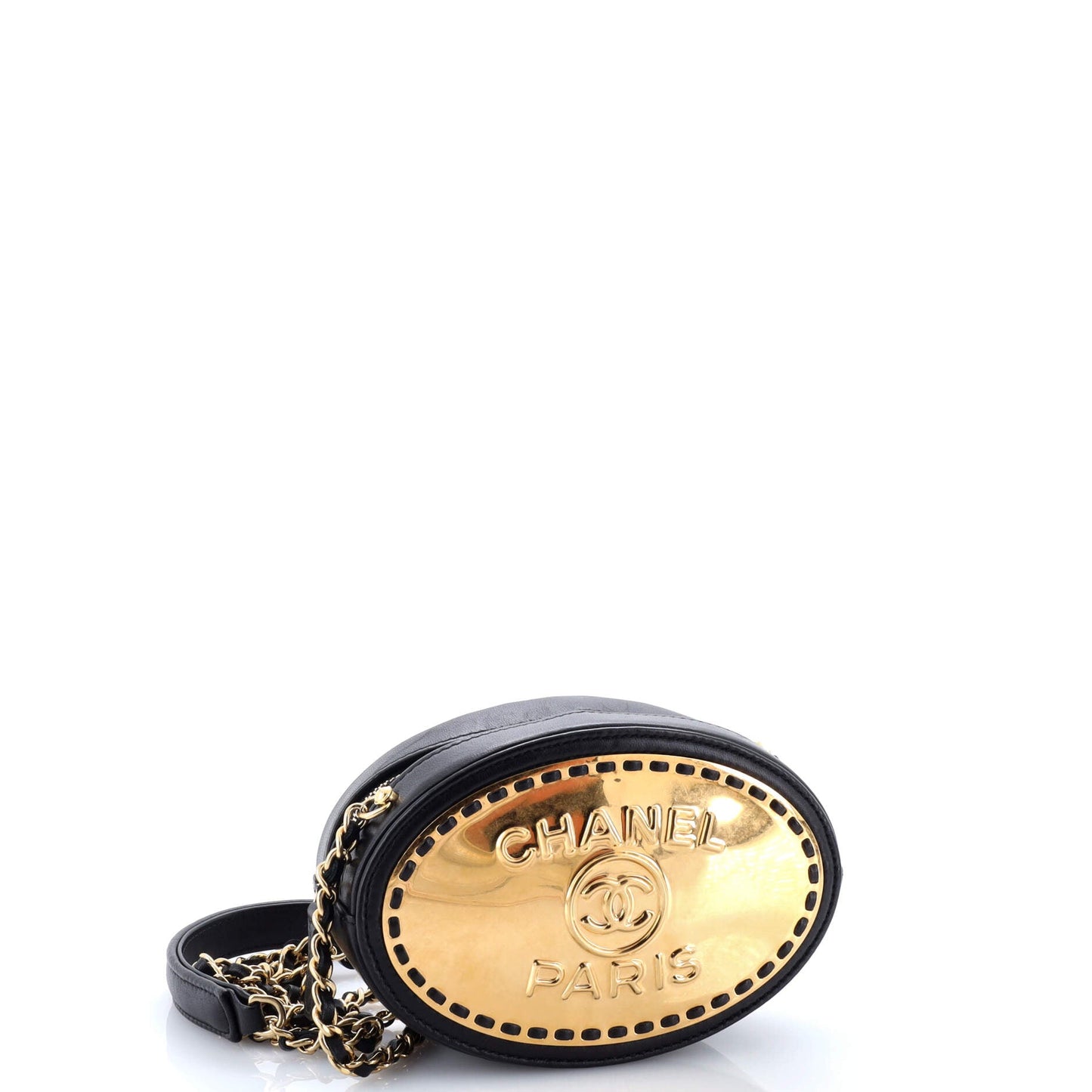 Logo Plate Oval Clutch With Chain Metal and Lambskin