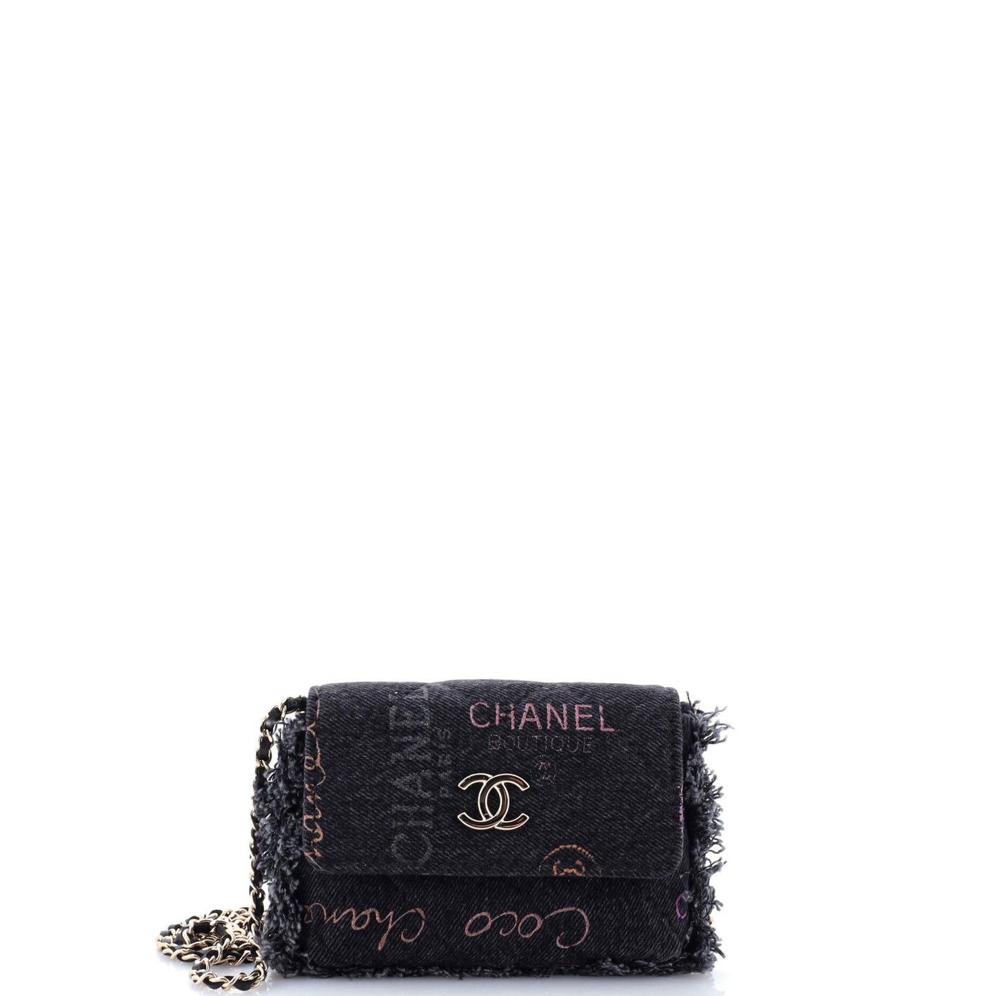 Denim Mood Flap Clutch with Chain Logo Printed Quilted Fringe Denim