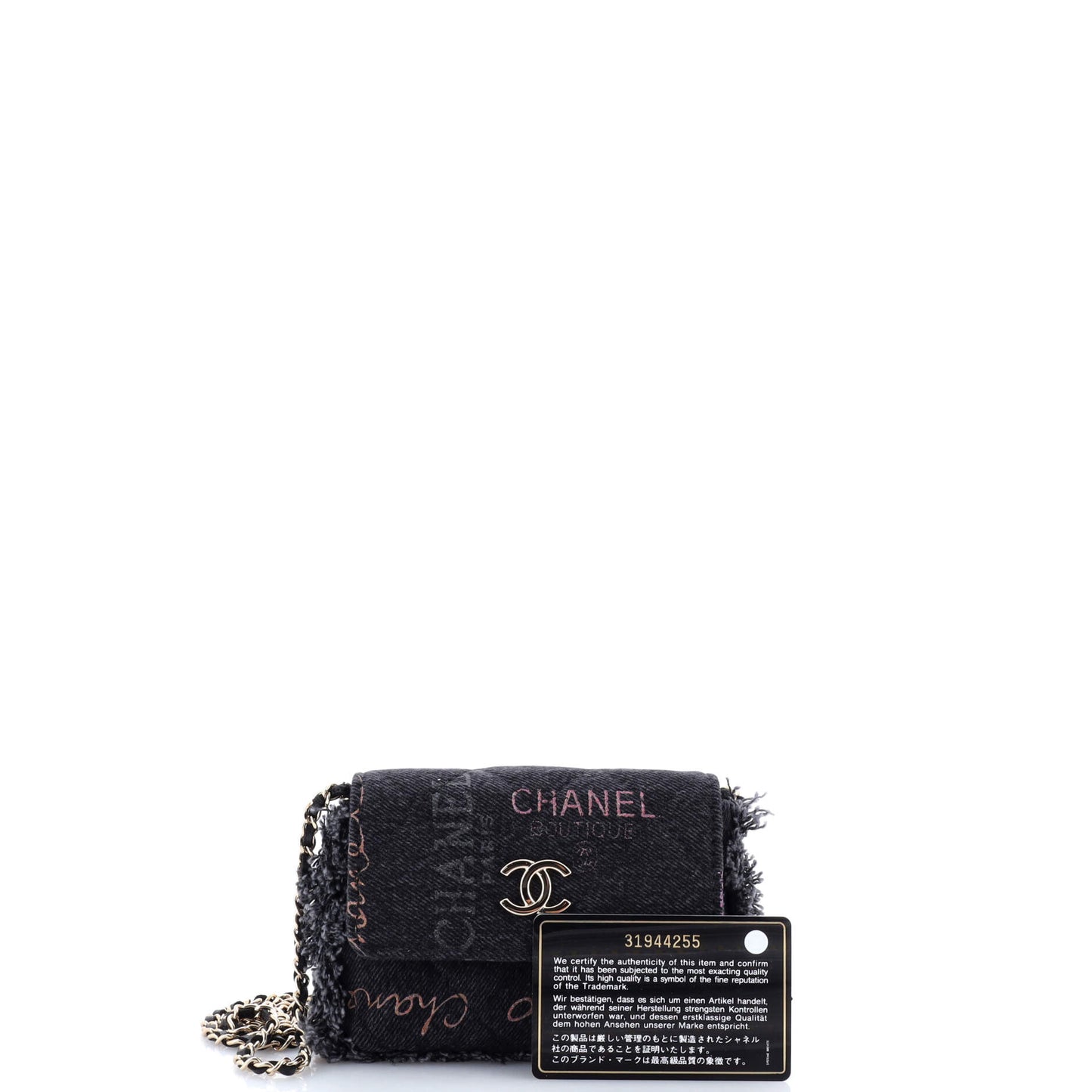 Denim Mood Flap Clutch with Chain Logo Printed Quilted Fringe Denim