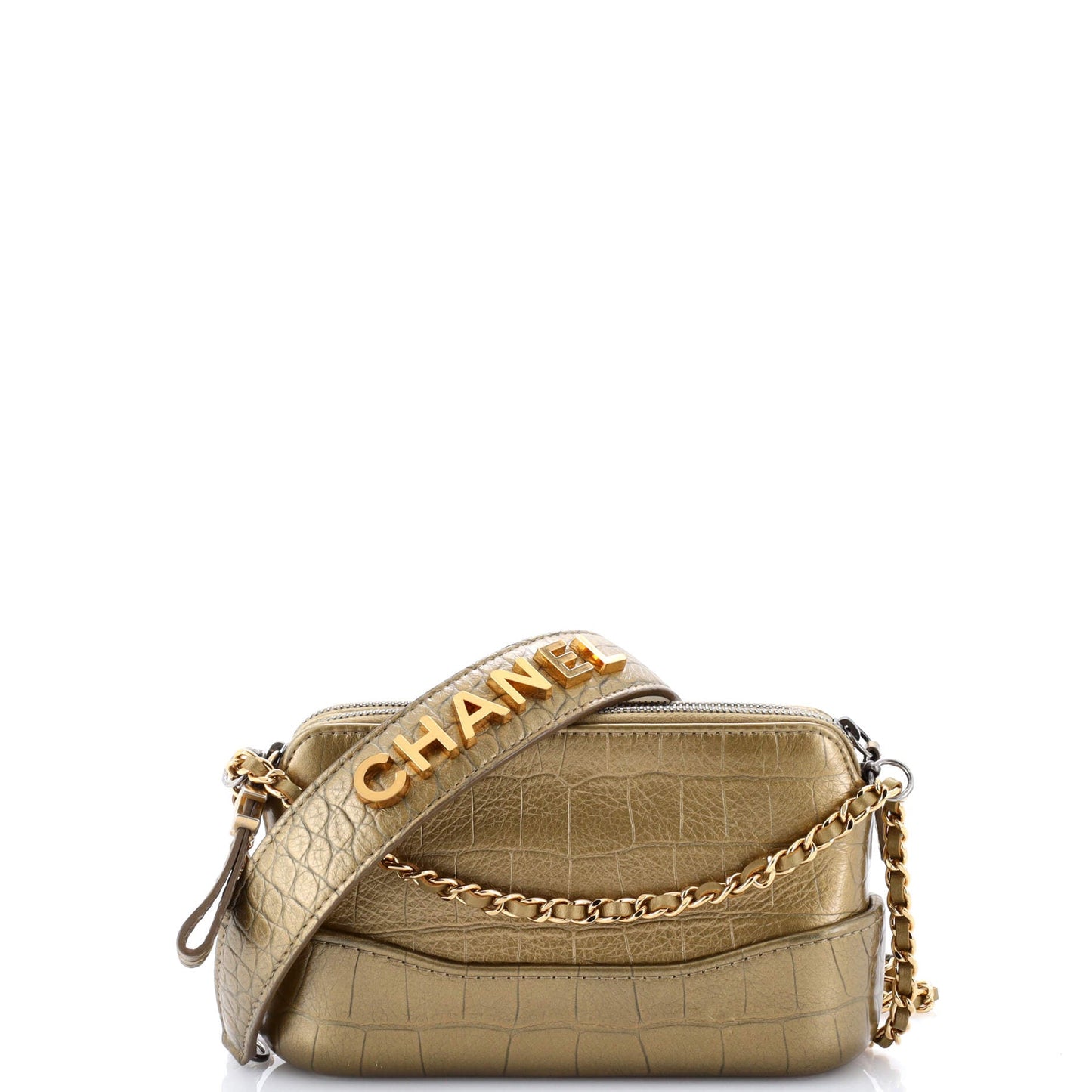 Gabrielle Logo Handle Double Zip Clutch with Chain Crocodile Embossed Calfskin