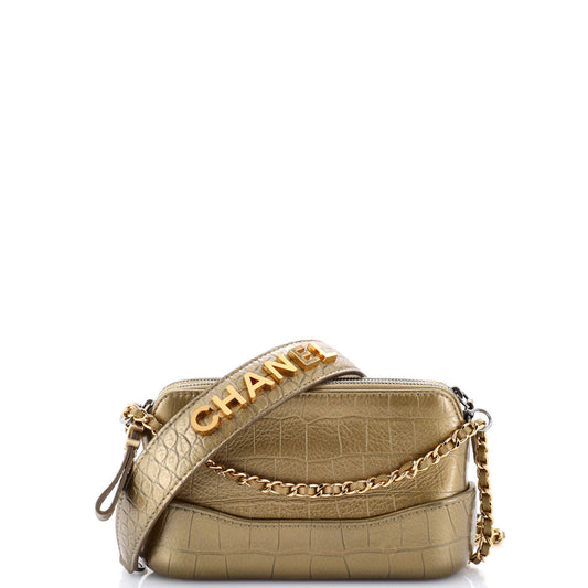 Gabrielle Logo Handle Double Zip Clutch with Chain Crocodile Embossed Calfskin