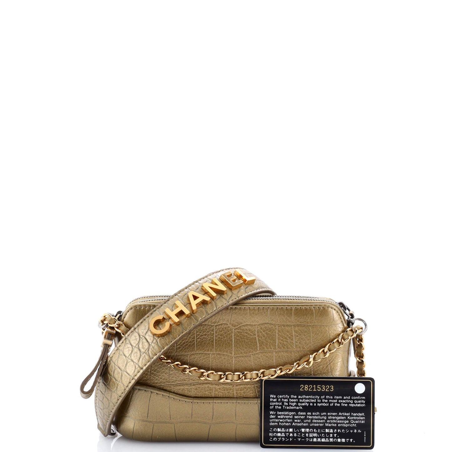 Gabrielle Logo Handle Double Zip Clutch with Chain Crocodile Embossed Calfskin